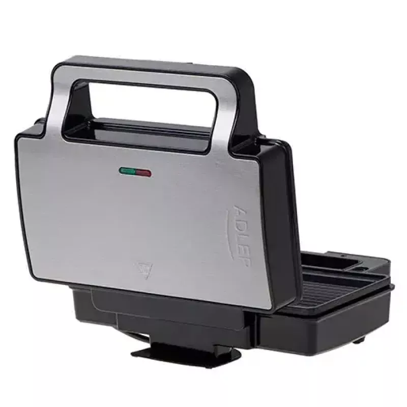Opiekacz do kanapek Adler AD 3073 — 2 kanapki, 1400 W, srebrny/czarny, zdejmowane płyty, przechowywanie pionowe