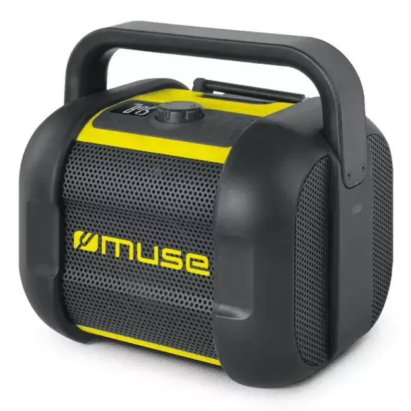 Radio budowlane Muse M-968 BTY — analogowe FM, 40 W RMS, Bluetooth 10 m, pyłoszczelne/odporne na wstrząsy, czarno-żółte