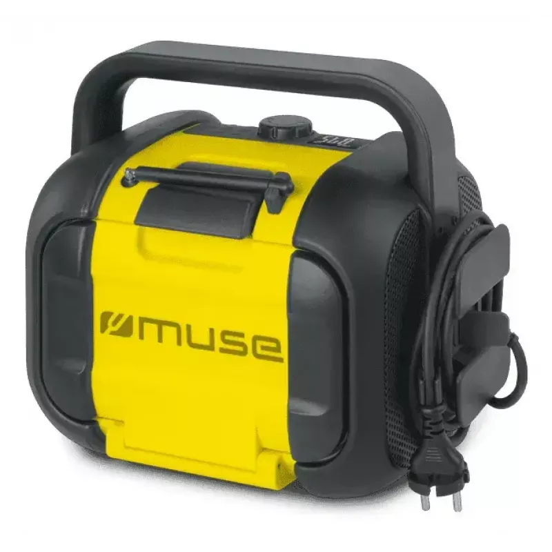 Radio budowlane Muse M-968 BTY — analogowe FM, 40 W RMS, Bluetooth 10 m, pyłoszczelne/odporne na wstrząsy, czarno-żółte