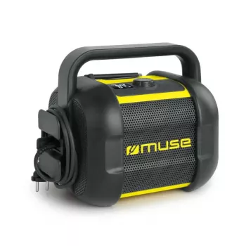 Radio budowlane Muse M-968 BTY — analogowe FM, 40 W RMS, Bluetooth 10 m, pyłoszczelne/odporne na wstrząsy, czarno-żółte