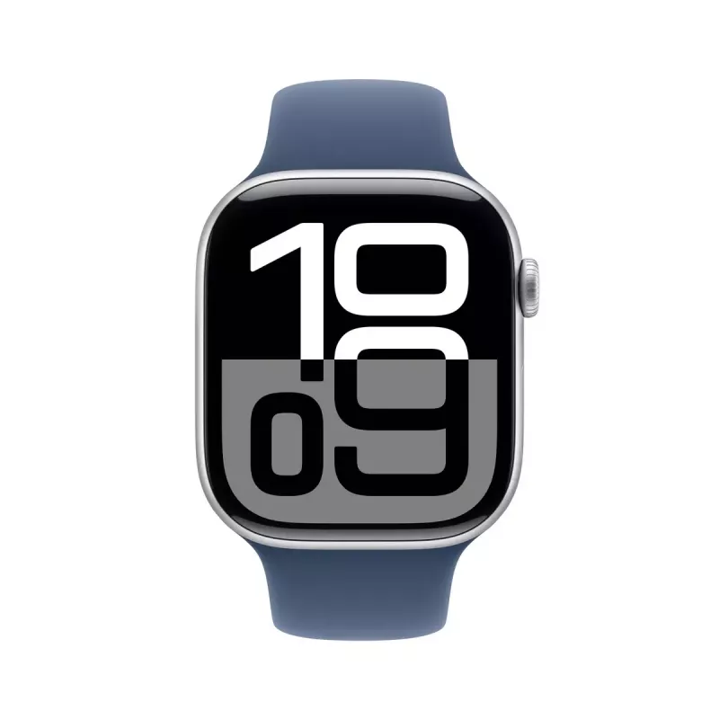 Smartwatch Apple Watch Series 10 GPS 46mm srebrna aluminiowa koperta z dżinsowym paskiem sportowym - M/L