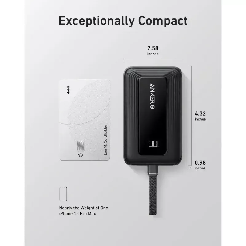 Przenośna bateria Anker Zolo 10000mAh, ultraszybkie ładowanie 30W, zintegrowany kabel USB-C, czarna