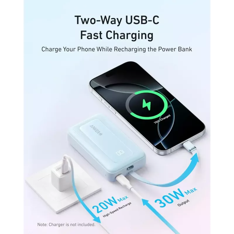 Przenośna bateria Anker Zolo 10000mAh, ultraszybkie ładowanie 30W, zintegrowany kabel USB-C, czarna