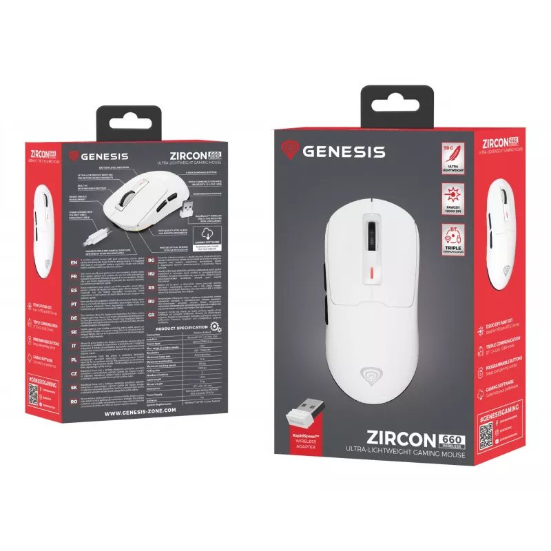 Mysz gamingowa GENESIS Zircon 660, praworęczna, RF Wireless + Bluetooth + USB Type-A, optyczna, 12000 DPI