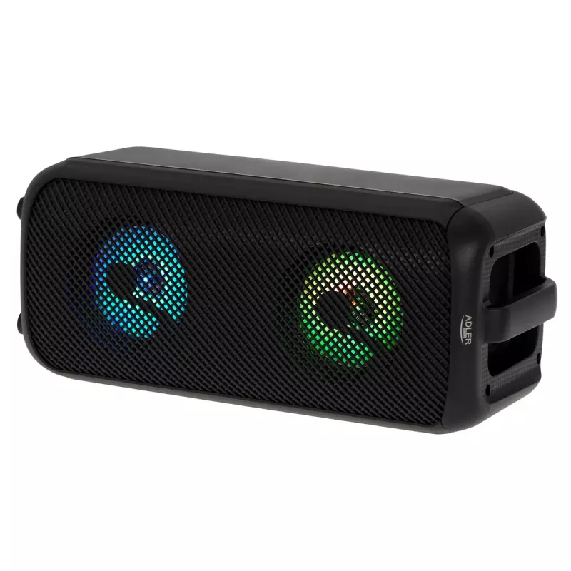 Głośnik przenośny Adler AD 1903, 2×5 W, Bluetooth, radio FM, LED, bateria 1500 mAh, AUX, USB, czarny