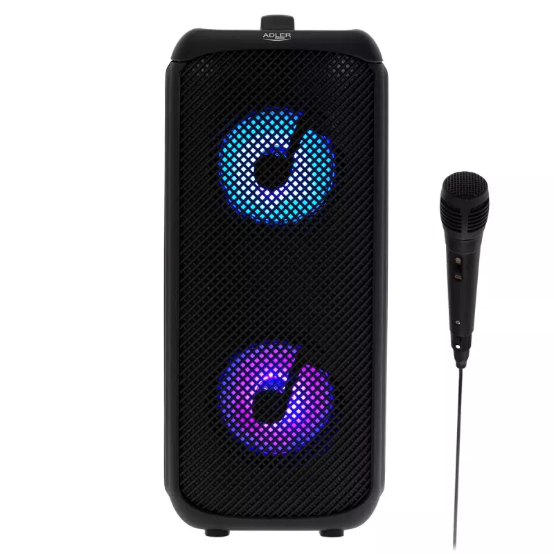 Głośnik przenośny Adler AD 1903, 2×5 W, Bluetooth, radio FM, LED, bateria 1500 mAh, AUX, USB, czarny