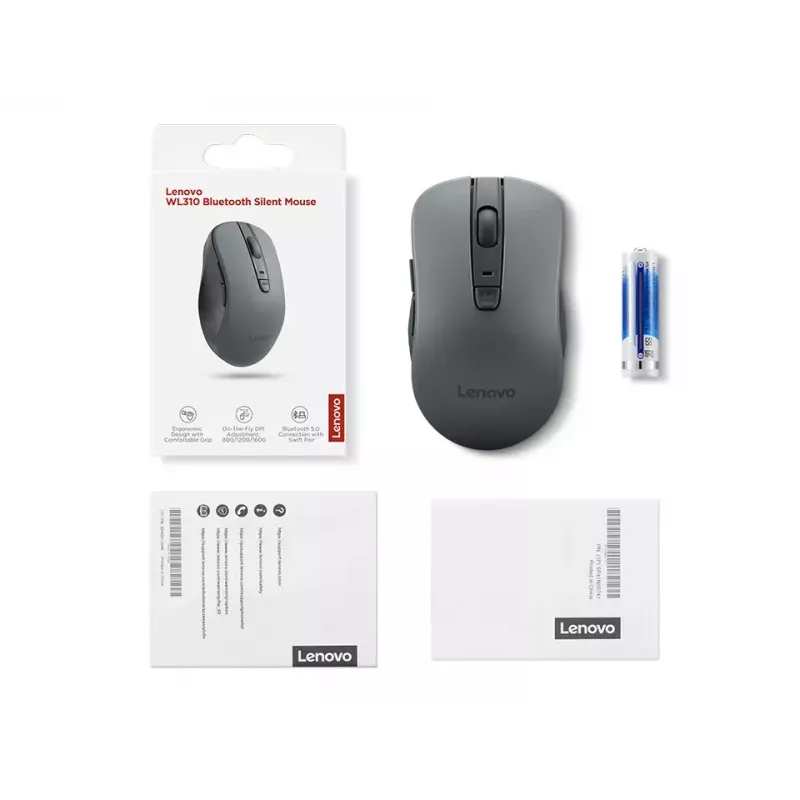 Bezprzewodowa mysz symetryczna Lenovo WL310 Office — Bluetooth, Optyczna 1200 DPI, 6 przycisków, kółko, szara, zasilana bateriami