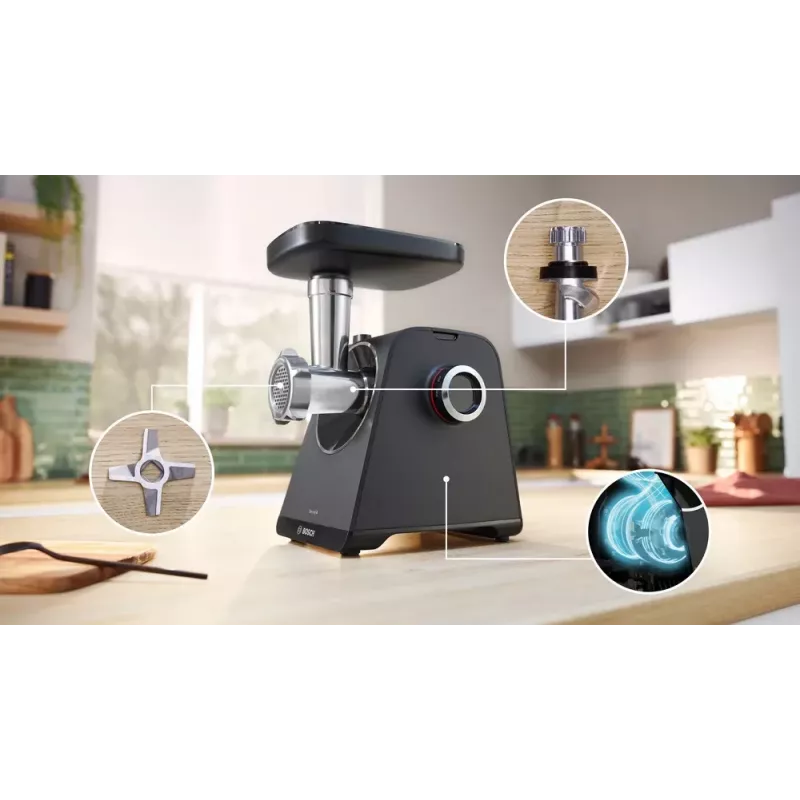 Maszynka do mięsa Bosch MFWS430B — 1900 W, 2 prędkości, 2,5 kg/min, czarny/srebrny, 4,3 kg