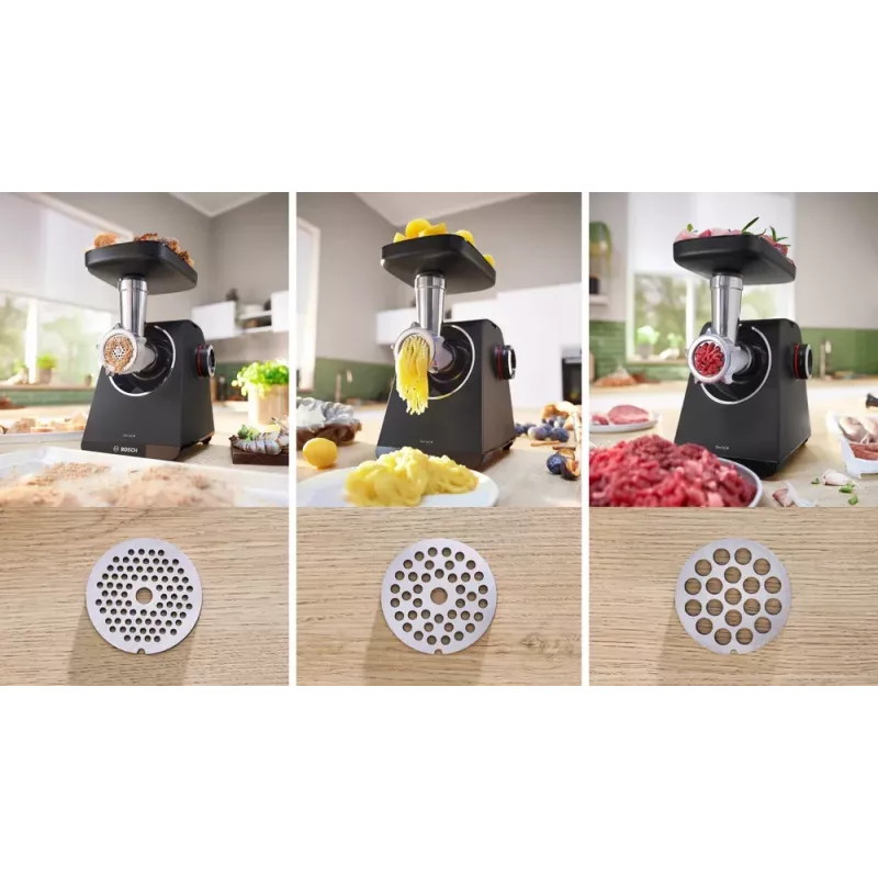Maszynka do mięsa Bosch MFWS430B — 1900 W, 2 prędkości, 2,5 kg/min, czarny/srebrny, 4,3 kg