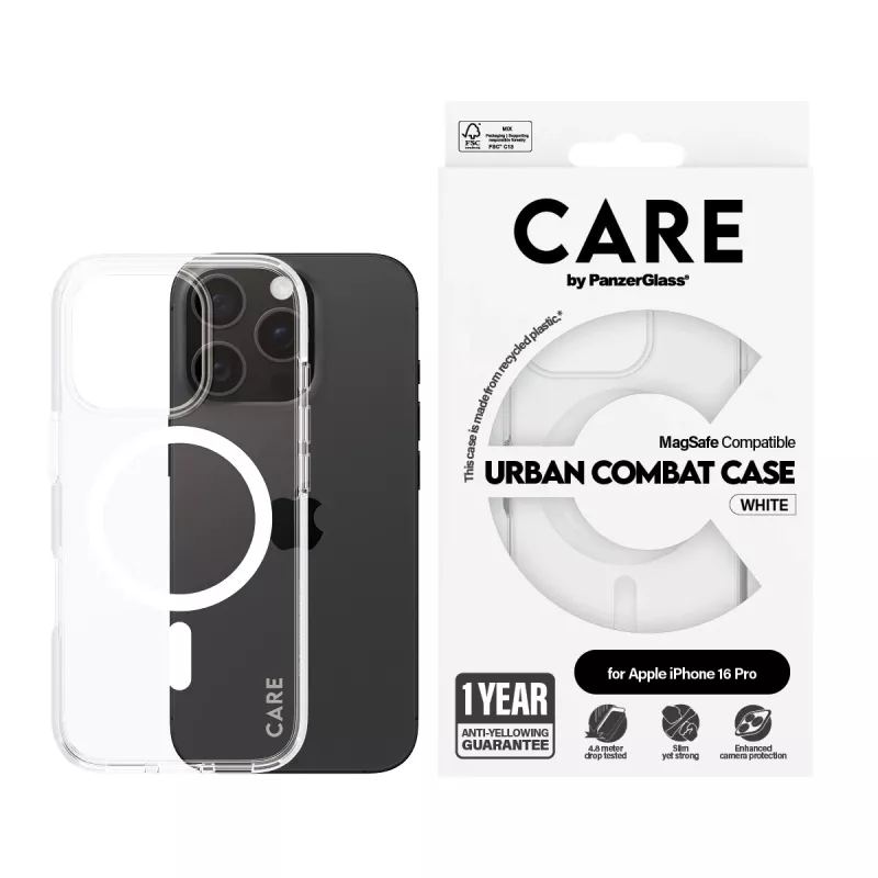 PanzerGlass CARE™ by ® Urban Combat Case przezroczysty z białym MagSafe iPhone 16 Pro