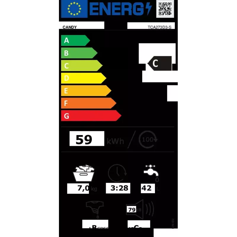 Pralka CANDY TCA273D3-S ładowana od góry 7 kg, 1200 obr./min, klasa energetyczna C, biała