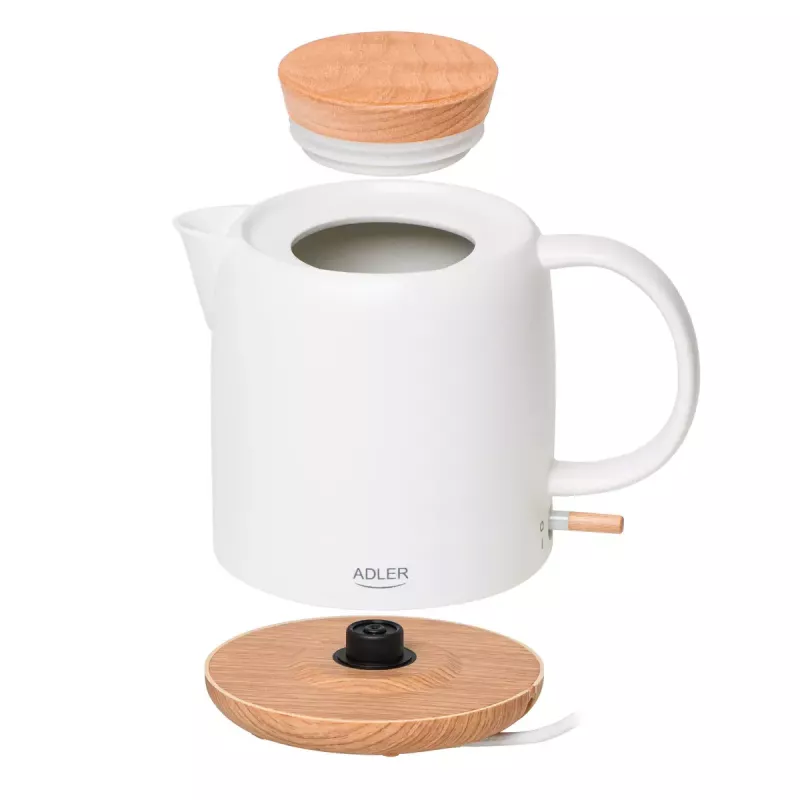Czajnik elektryczny Adler AD 1304 — 1 l, 1200 W, obudowa ceramiczna, odchylana pokrywa, podstawa obrotowa 360°, biały