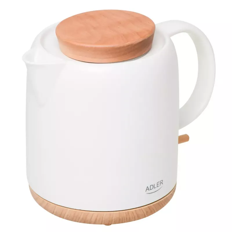 Czajnik elektryczny Adler AD 1304 — 1 l, 1200 W, obudowa ceramiczna, odchylana pokrywa, podstawa obrotowa 360°, biały