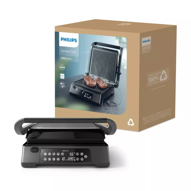 Philips 7000 series Grill kontaktowy, czarny, prostokątny, dotykowy, 220 °C, pokrywa na zawiasach, pokrywa z blokadą, 180°