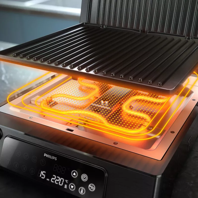 Philips 7000 series Grill kontaktowy, czarny, prostokątny, dotykowy, 220 °C, pokrywa na zawiasach, pokrywa z blokadą, 180°
