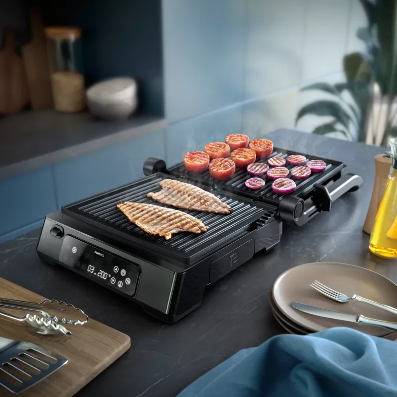 Philips 7000 series Grill kontaktowy, czarny, prostokątny, dotykowy, 220 °C, pokrywa na zawiasach, pokrywa z blokadą, 180°