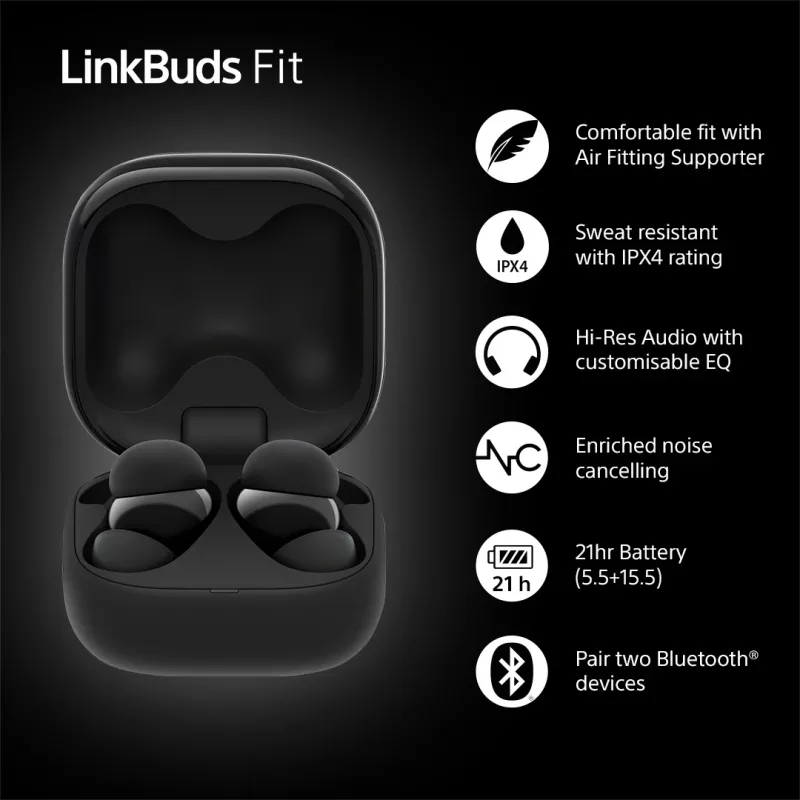 Bezprzewodowe słuchawki douszne Sony LinkBuds Fit WFLS910NB — Bluetooth, 20–20000 Hz, zasięg 10 m, 75 g, czarne