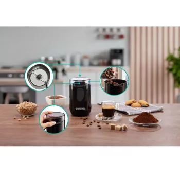 Młynek do kawy Gorenje SMK150SB — silnik 150 W, pojemność na ziarna 45 g, ostrza ze stali nierdzewnej, czarny