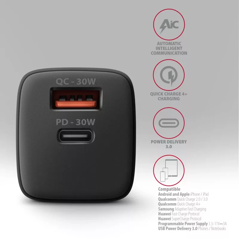 Ładowarka sieciowa Axagon ACU-PQ30 PD3.0 & QC4+ 2xWYJŚCIA 30W