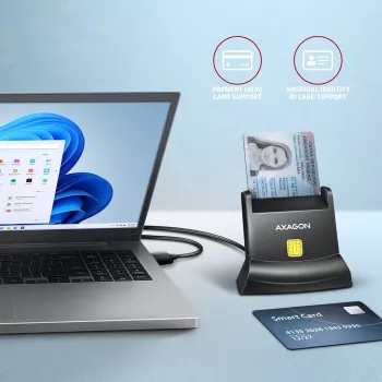 Stacjonarny czytnik kart inteligentnych/ID USB Axagon Universal z długim kablem USB-A. Nadaje się do aplikacji eObanka. czytnik kart inteligentnych Wewnętrzny USB 2.0 Czarny