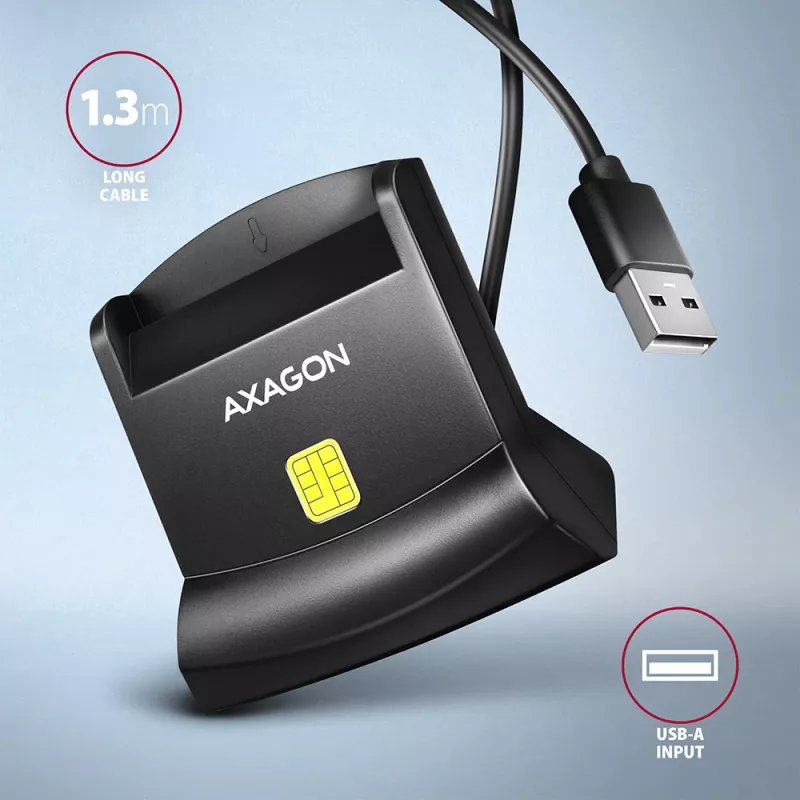 Stacjonarny czytnik kart inteligentnych/ID USB Axagon Universal z długim kablem USB-A. Nadaje się do aplikacji eObanka. czytnik kart inteligentnych Wewnętrzny USB 2.0 Czarny