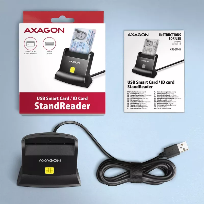 Stacjonarny czytnik kart inteligentnych/ID USB Axagon Universal z długim kablem USB-A. Nadaje się do aplikacji eObanka. czytnik kart inteligentnych Wewnętrzny USB 2.0 Czarny