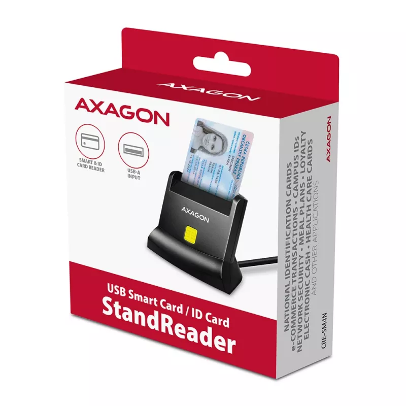 Stacjonarny czytnik kart inteligentnych/ID USB Axagon Universal z długim kablem USB-A. Nadaje się do aplikacji eObanka. czytnik kart inteligentnych Wewnętrzny USB 2.0 Czarny