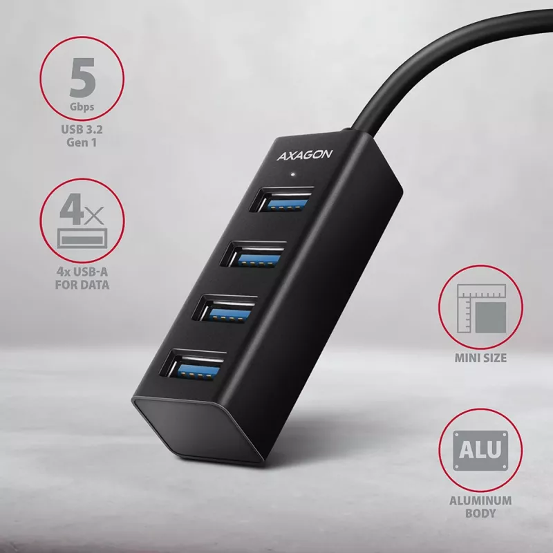 Axagon HUE-M1A 4x USB 3.2 Gen 1 MINI hub, metal, kabel USB-A 20 cm