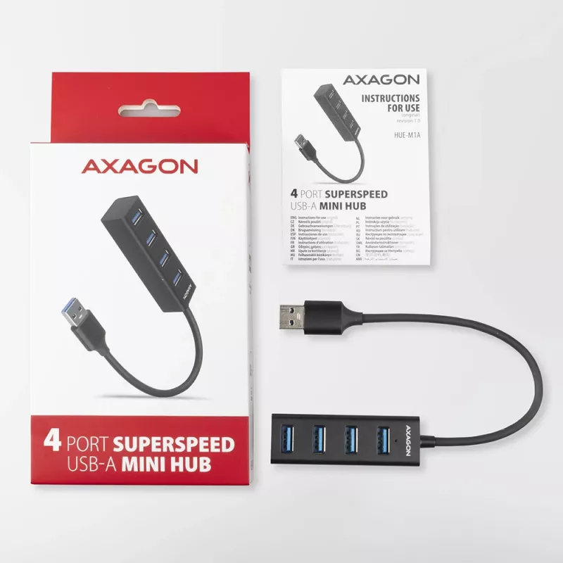 Axagon HUE-M1A 4x USB 3.2 Gen 1 MINI hub, metal, kabel USB-A 20 cm