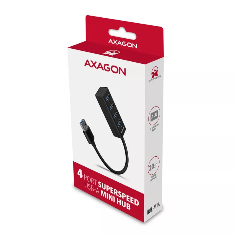 Axagon HUE-M1A 4x USB 3.2 Gen 1 MINI hub, metal, kabel USB-A 20 cm