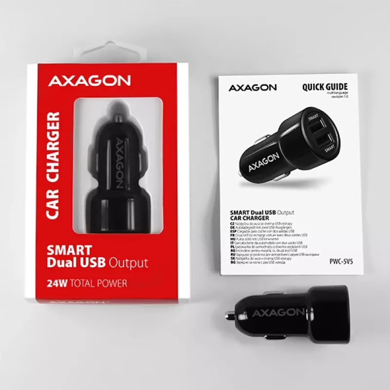 Axagon PWC-5V5 SMART ładowarka samochodowa 24W, 2x port USB-A, 5V/2,4A + 5V/2,4A