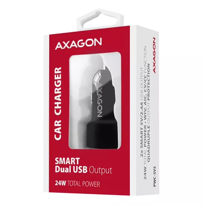 Axagon PWC-5V5 SMART ładowarka samochodowa 24W, 2x port USB-A, 5V/2,4A + 5V/2,4A
