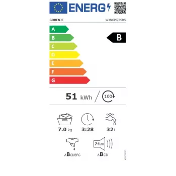 Pralka Gorenje W3NGPI72SBS ładowana od przodu 7 kg, 1200 obr./min, LCD, para, 59,5×43,5 cm, Klasa energetyczna B