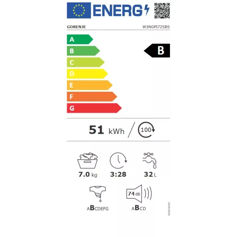 Pralka Gorenje W3NGPI72SBS ładowana od przodu 7 kg, 1200 obr./min, LCD, para, 59,5×43,5 cm, Klasa energetyczna B