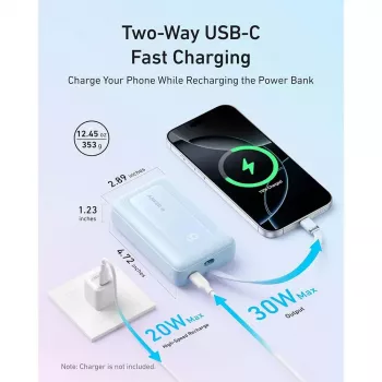 Powerbank Anker Zolo 10000mAh, 30W Super Fast Charging, zintegrowany kabel USB-C, biały