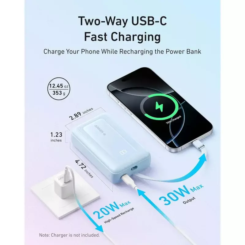 Powerbank Anker Zolo 10000mAh, 30W Super Fast Charging, zintegrowany kabel USB-C, biały