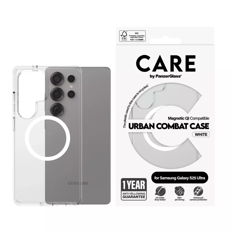 PanzerGlass CARE™ by ® Urban Combat Case Przezroczysty z Białą Qi Samsung Galaxy S25 Ultra