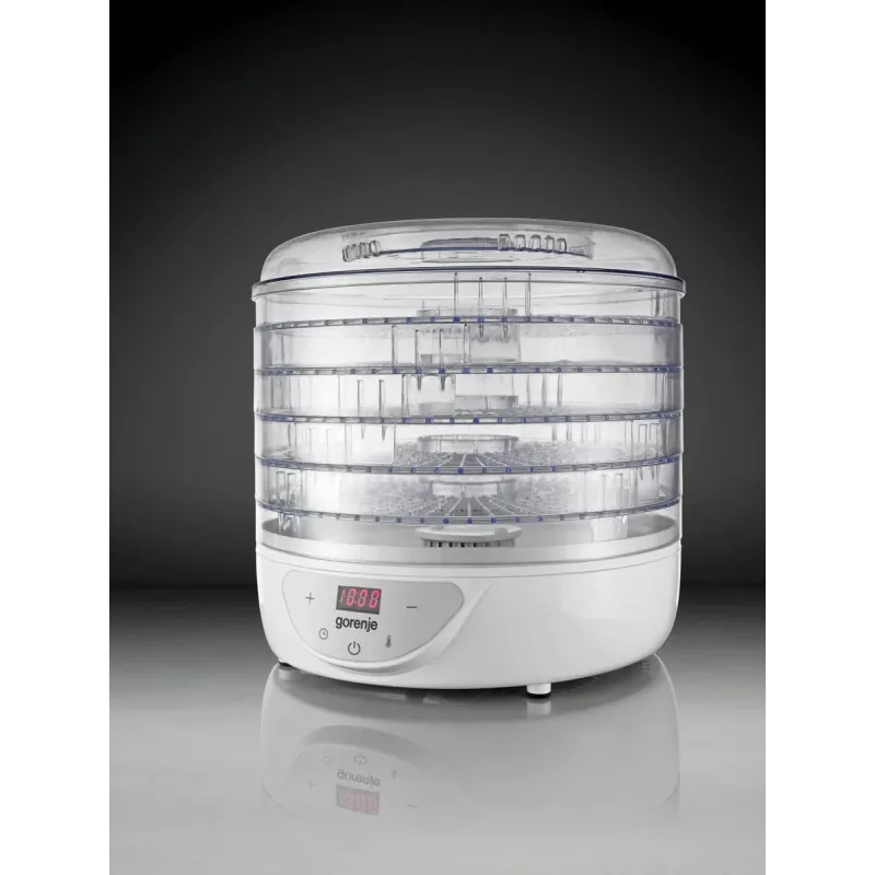 Suszarka do żywności Gorenje FDK 24 DW — przezroczysta biel, ruszt Ø31 cm, 240 W, maks. 70°C