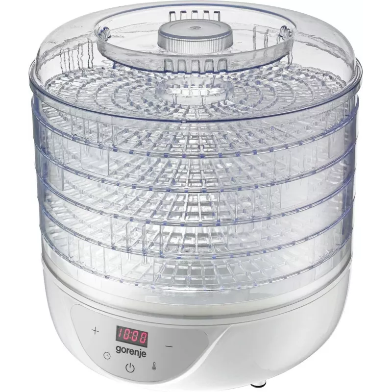 Suszarka do żywności Gorenje FDK 24 DW — przezroczysta biel, ruszt Ø31 cm, 240 W, maks. 70°C