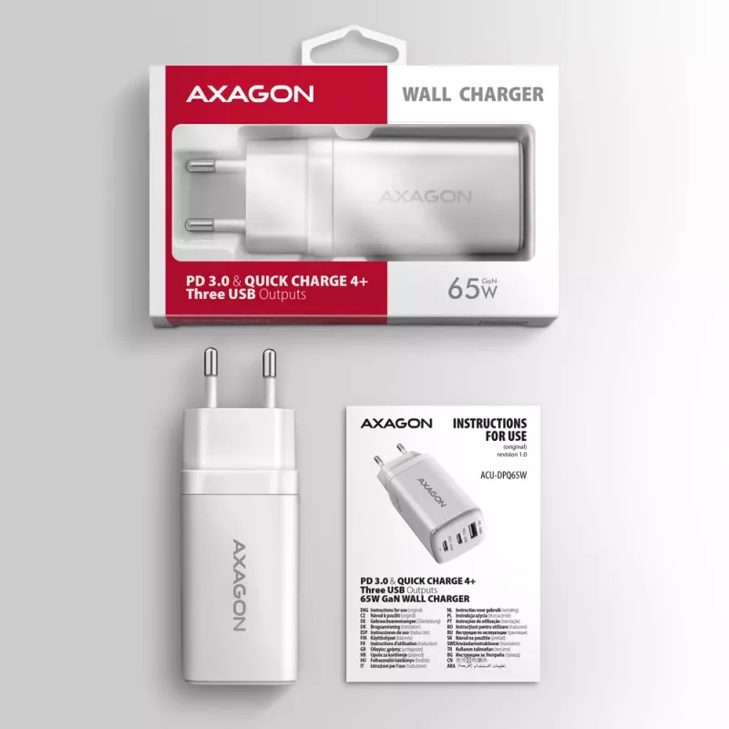Ładowarka sieciowa Axagon ACU-DPQ65W PD3.0 & QC4+ 3x WYJŚCIA 65W