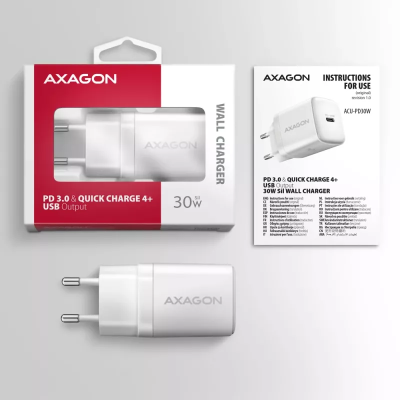 Ładowarka sieciowa Axagon ACU-PD30W 1x QC3.0/AFC/FCP/PD Type-C 30W Biała