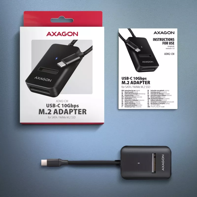 Adapter Axagon ADM2-CM USB-C M.2 NVMe SATA 10Gbps Czarny
