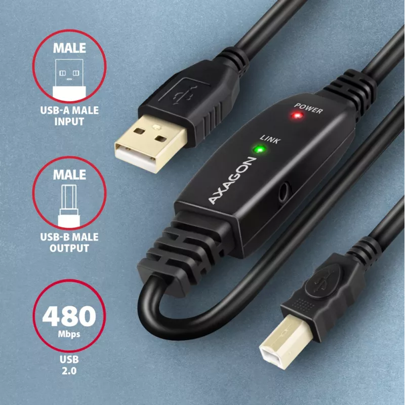 Axagon ADR-210B USB 2.0 A-M -> B-M aktywny kabel łączący/repeater 10m