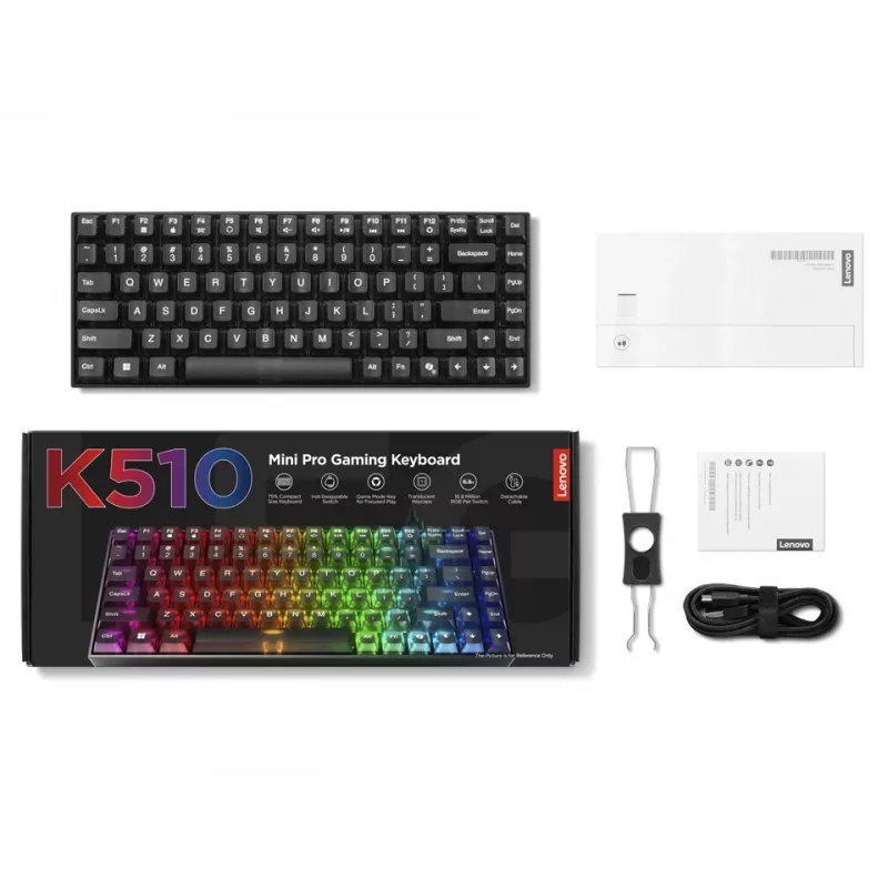 Mechaniczna klawiatura gamingowa Lenovo Legion K510 Mini Pro 75% US English, 84 klawisze, RGB, USB, kabel 1,8 m, czarno-przezroczysta