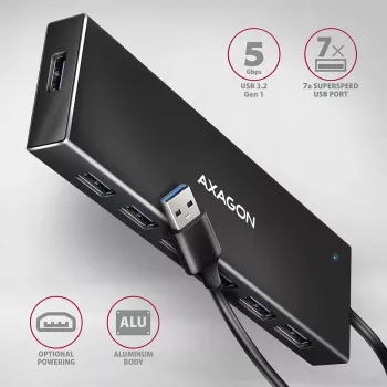Hub USB Axagon HUE-F7A 7x USB 3.2 Gen 1 ALU FLAT micro power IN 1m USB-A USB 3.2 Gen 1 (3.1 Gen 1) Type-A 5000 Mbit/s Czarny