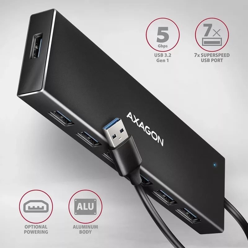 Hub USB Axagon HUE-F7A 7x USB 3.2 Gen 1 ALU FLAT micro power IN 1m USB-A USB 3.2 Gen 1 (3.1 Gen 1) Type-A 5000 Mbit/s Czarny