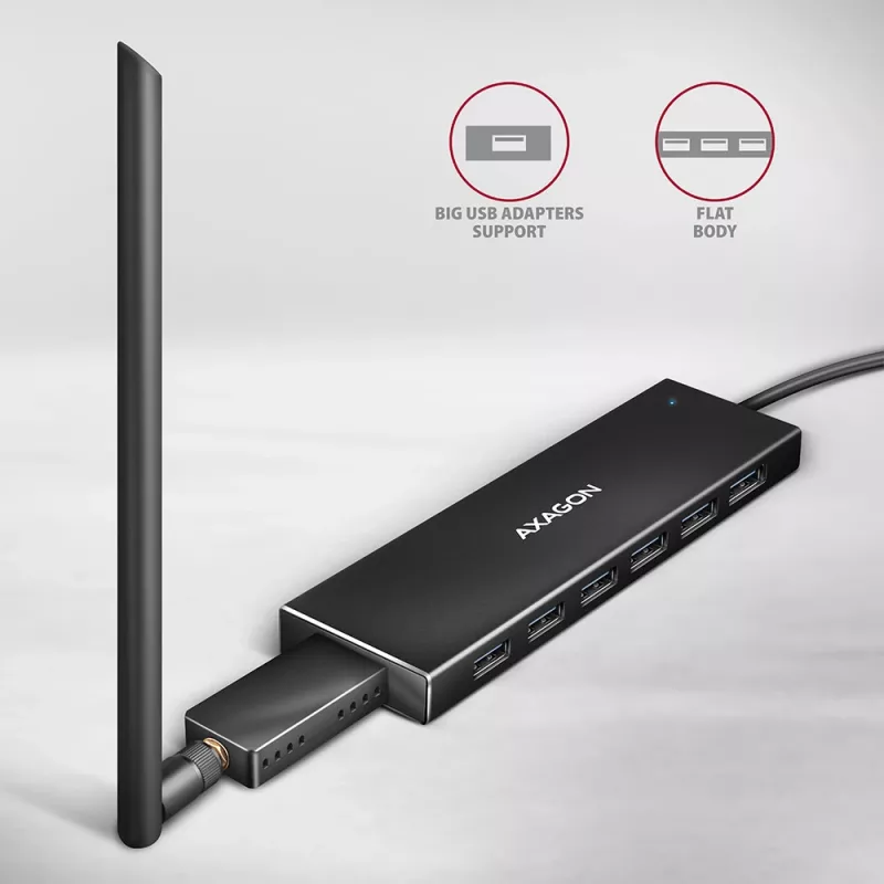 Hub USB Axagon HUE-F7A 7x USB 3.2 Gen 1 ALU FLAT micro power IN 1m USB-A USB 3.2 Gen 1 (3.1 Gen 1) Type-A 5000 Mbit/s Czarny