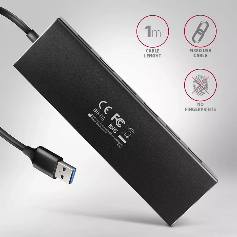 Hub USB Axagon HUE-F7A 7x USB 3.2 Gen 1 ALU FLAT micro power IN 1m USB-A USB 3.2 Gen 1 (3.1 Gen 1) Type-A 5000 Mbit/s Czarny