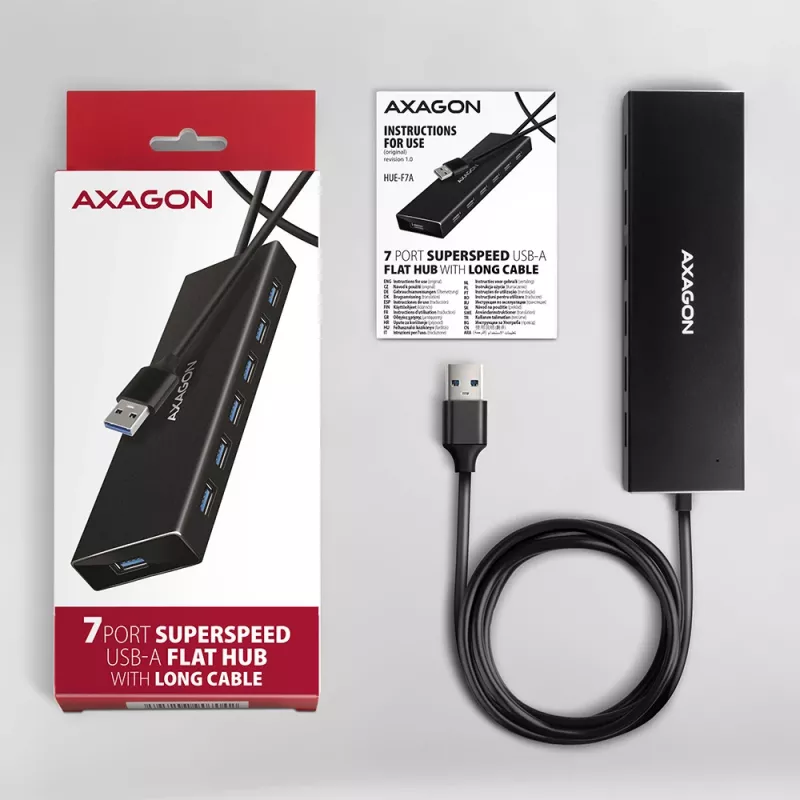 Hub USB Axagon HUE-F7A 7x USB 3.2 Gen 1 ALU FLAT micro power IN 1m USB-A USB 3.2 Gen 1 (3.1 Gen 1) Type-A 5000 Mbit/s Czarny