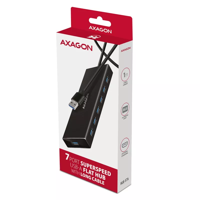 Hub USB Axagon HUE-F7A 7x USB 3.2 Gen 1 ALU FLAT micro power IN 1m USB-A USB 3.2 Gen 1 (3.1 Gen 1) Type-A 5000 Mbit/s Czarny